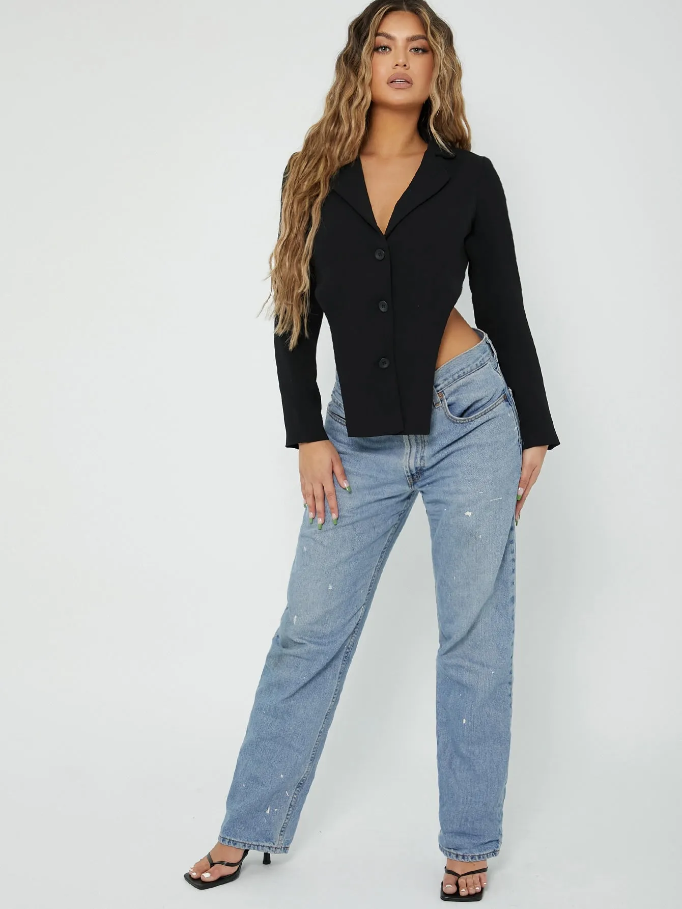 Sexy Plain Button Front Long Sleeve Lapel Asymmetrical Crop Women Top