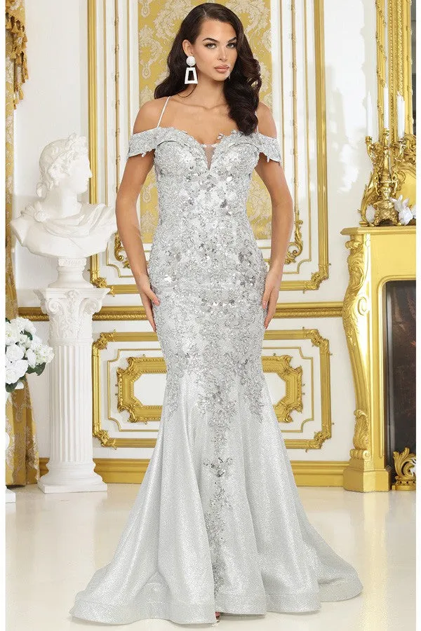 Silver Off Shoulder Embroidery Detail Metallic Mermaid DR