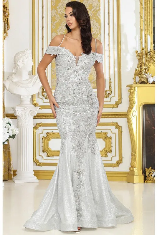 Silver Off Shoulder Embroidery Detail Metallic Mermaid DR