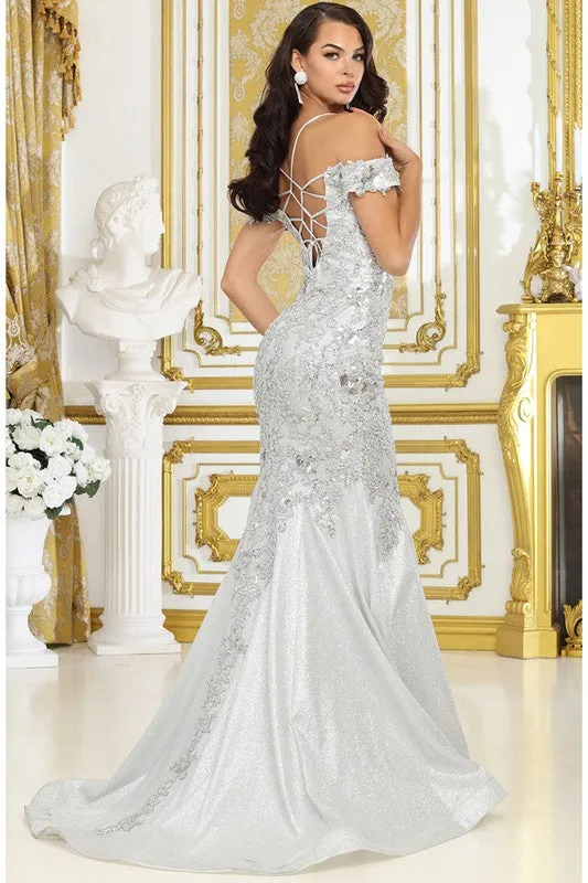 Silver Off Shoulder Embroidery Detail Metallic Mermaid DR