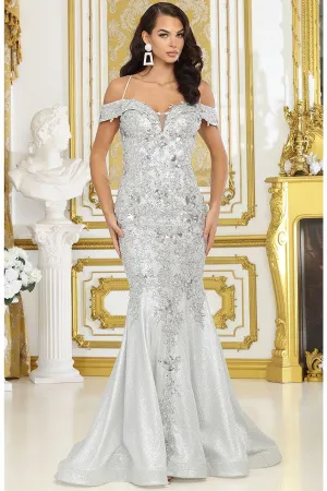 Silver Off Shoulder Embroidery Detail Metallic Mermaid DR