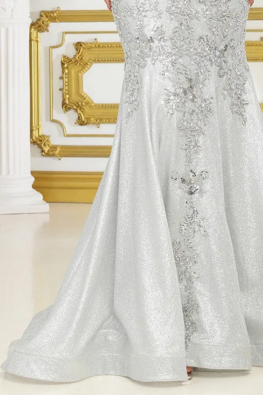Silver Off Shoulder Embroidery Detail Metallic Mermaid DR