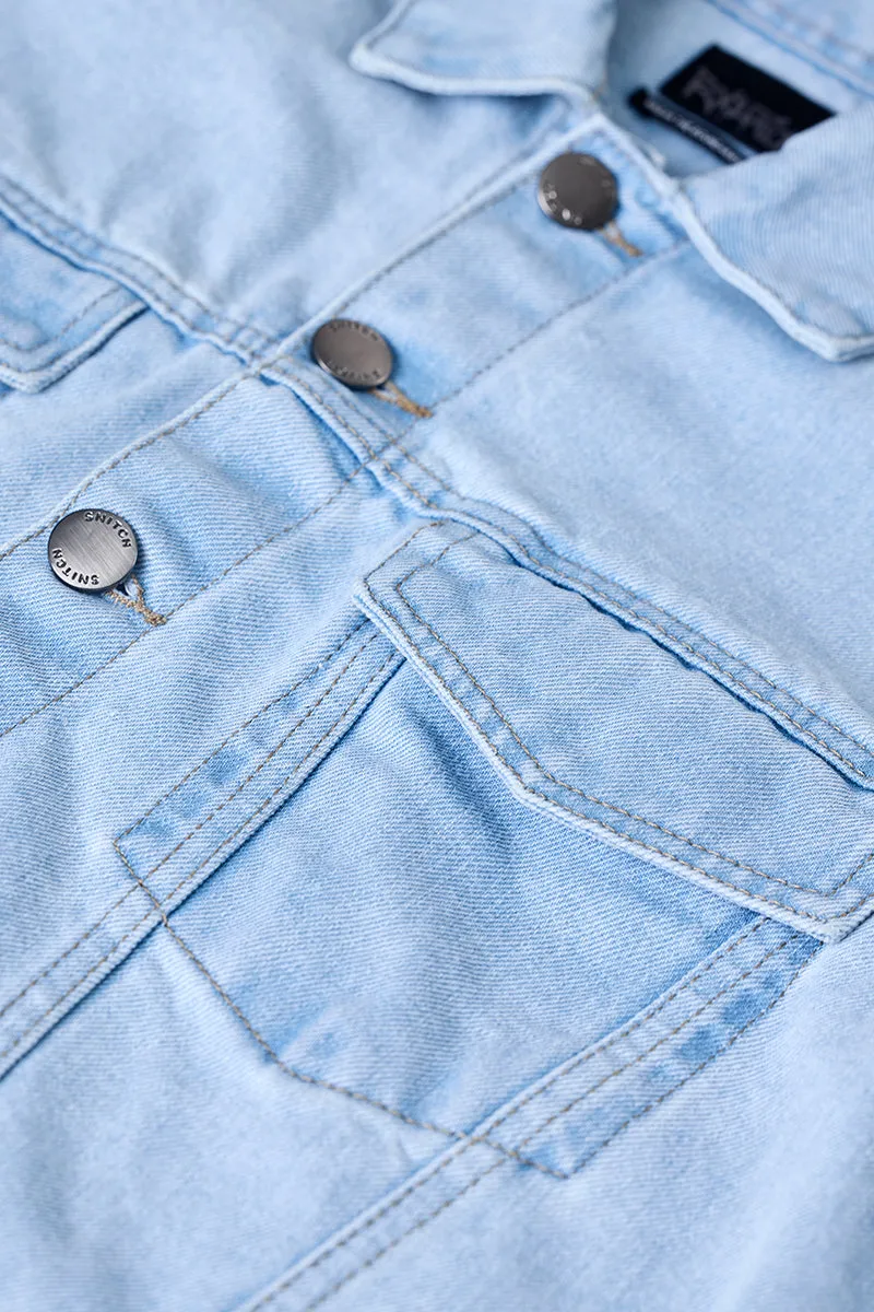 Snitch Revolution Light Blue Cropped Printed Denim Jacket