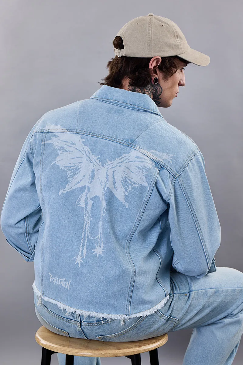 Snitch Revolution Light Blue Cropped Printed Denim Jacket
