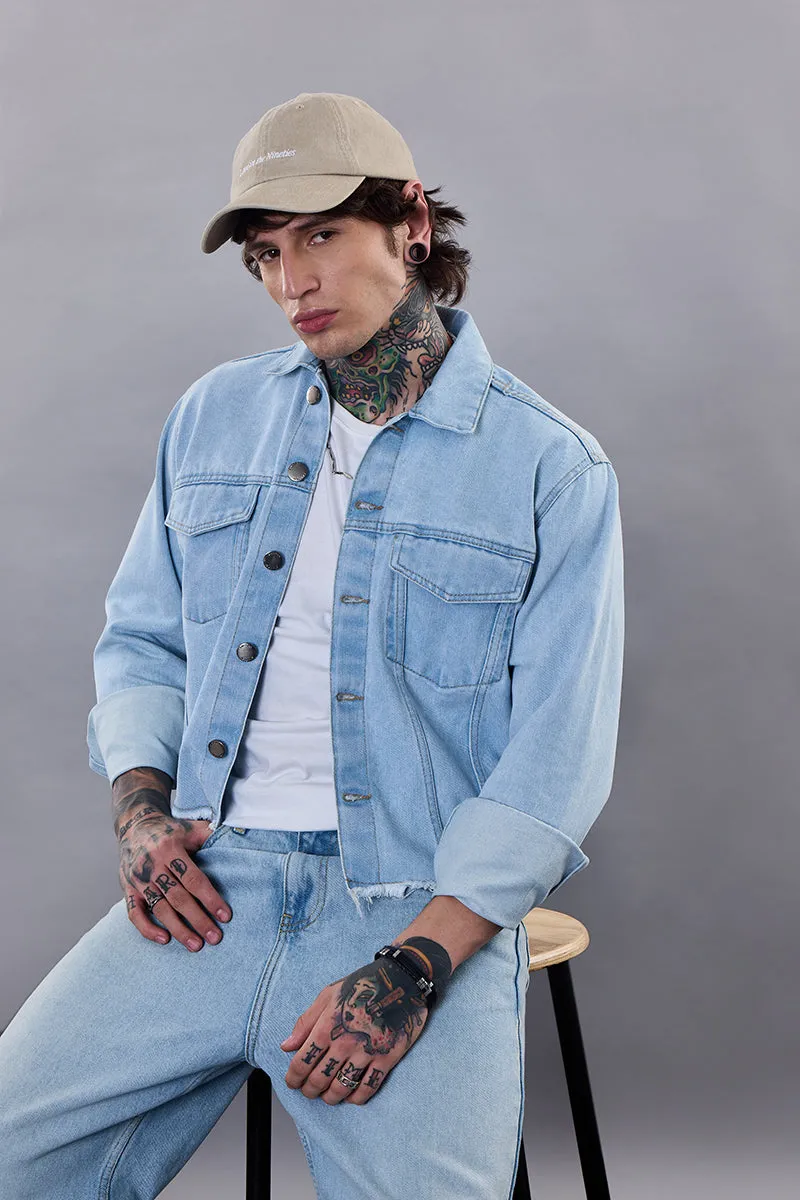 Snitch Revolution Light Blue Cropped Printed Denim Jacket