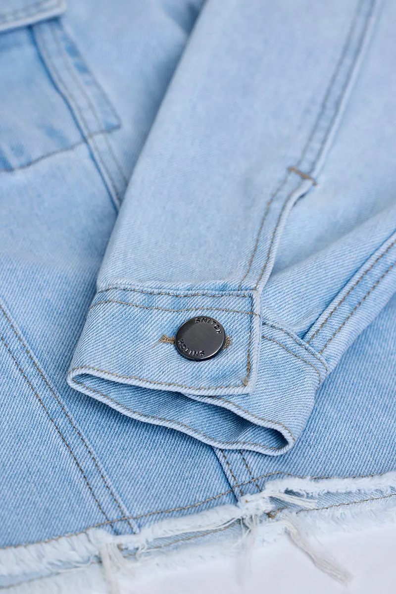Snitch Revolution Light Blue Cropped Printed Denim Jacket
