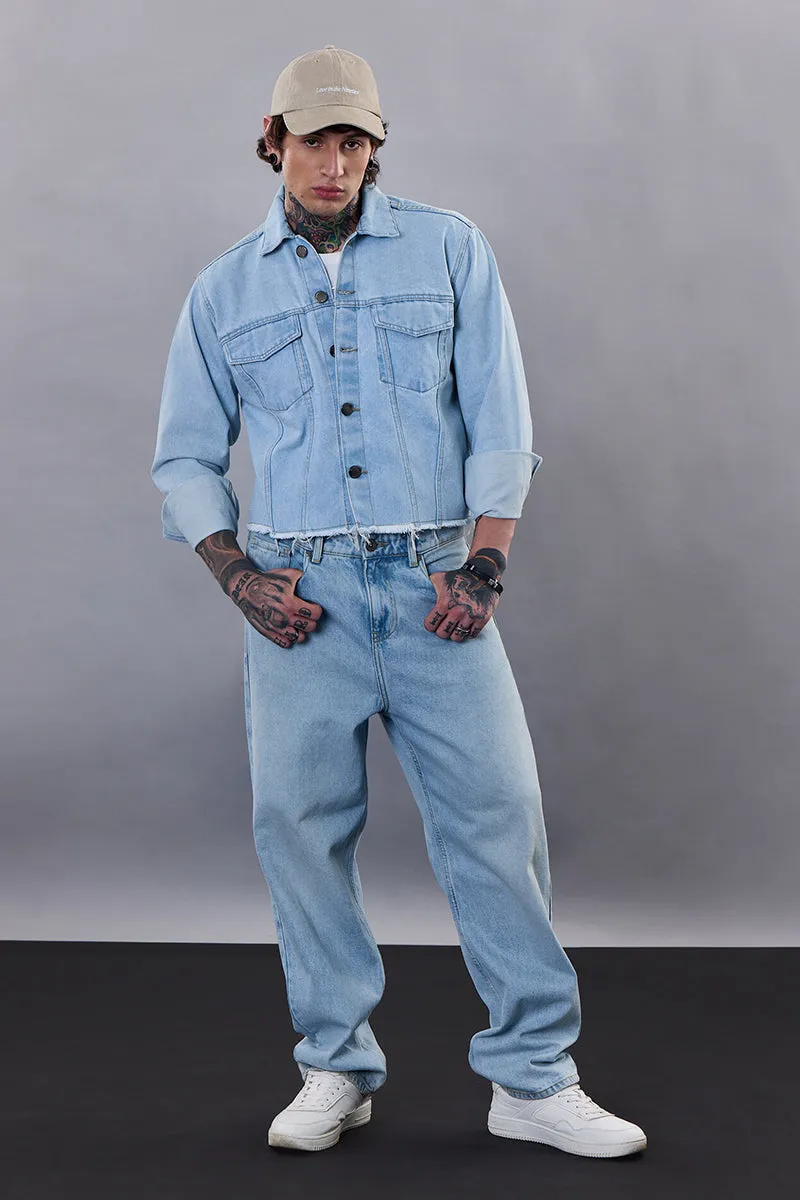 Snitch Revolution Light Blue Cropped Printed Denim Jacket