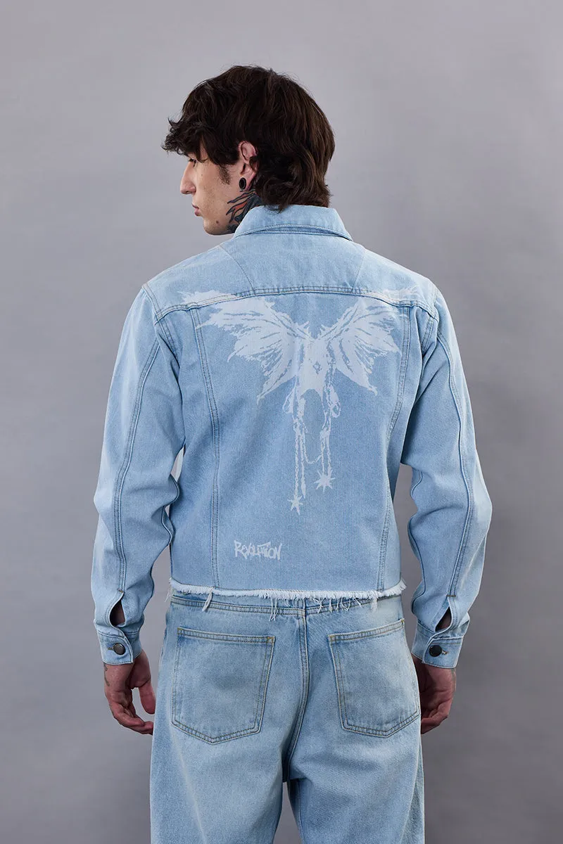 Snitch Revolution Light Blue Cropped Printed Denim Jacket