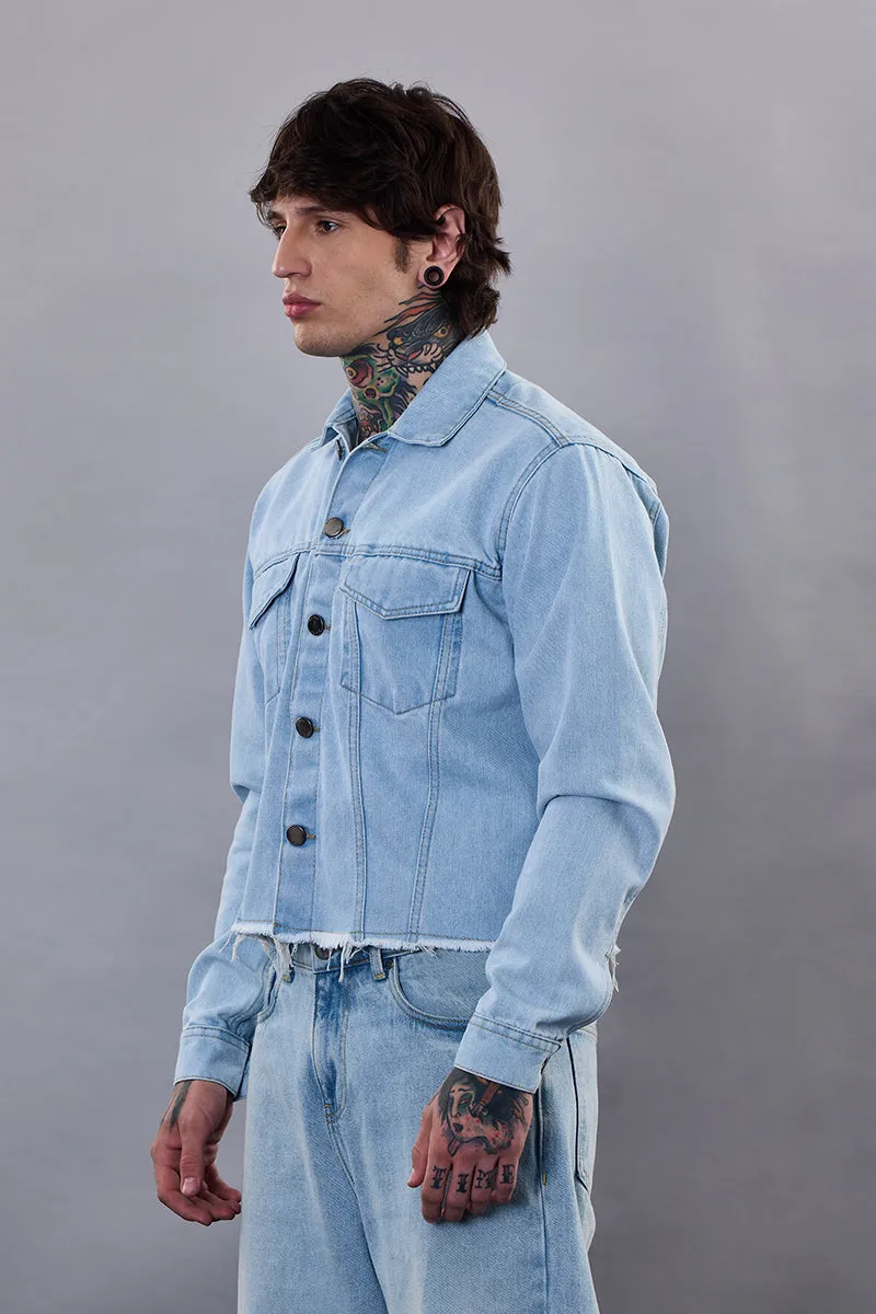 Snitch Revolution Light Blue Cropped Printed Denim Jacket