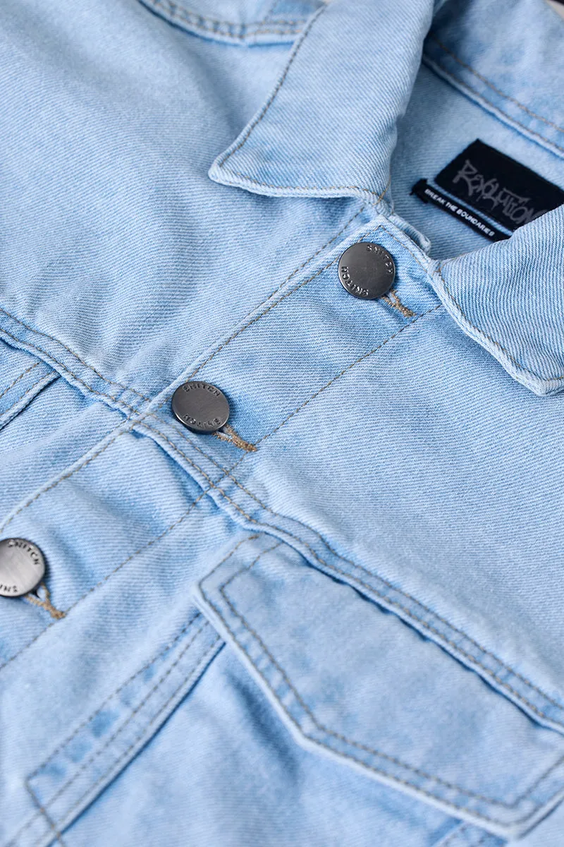 Snitch Revolution Light Blue Cropped Printed Denim Jacket