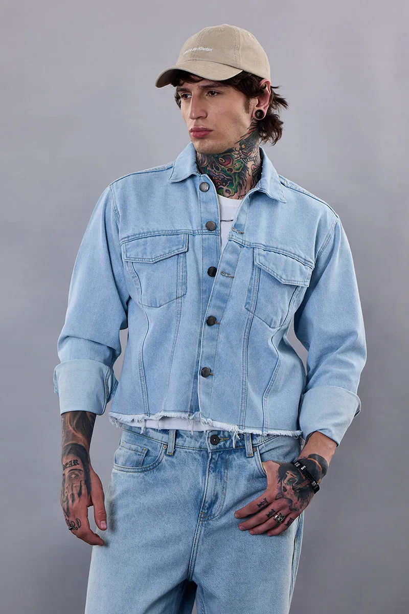 Snitch Revolution Light Blue Cropped Printed Denim Jacket