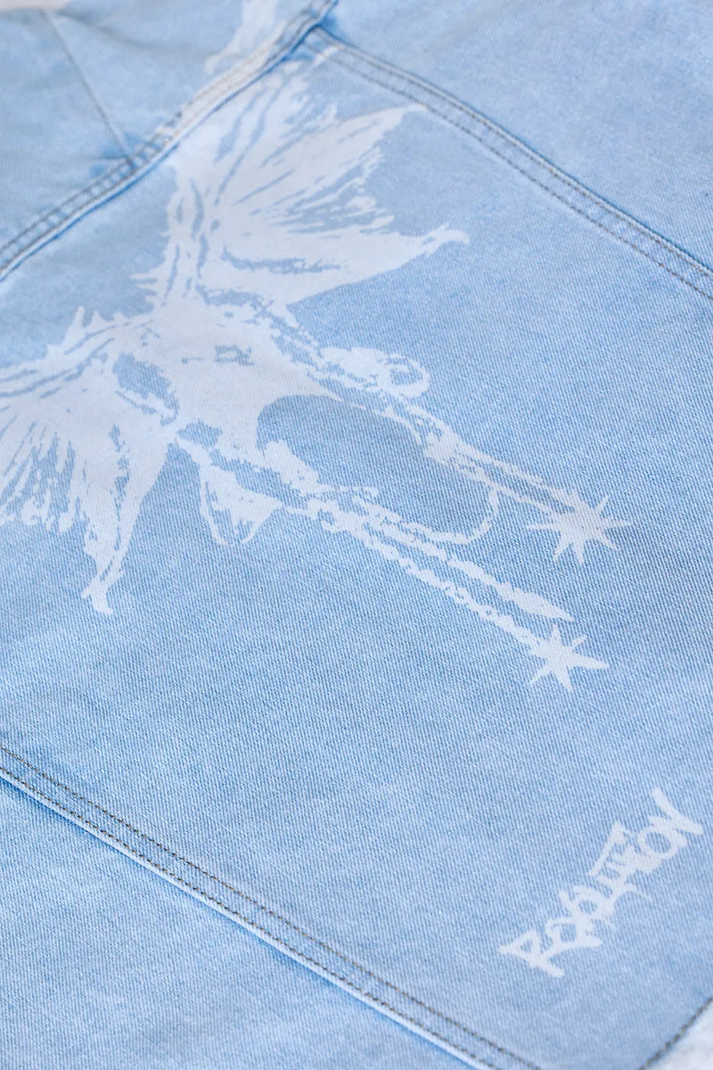 Snitch Revolution Light Blue Cropped Printed Denim Jacket