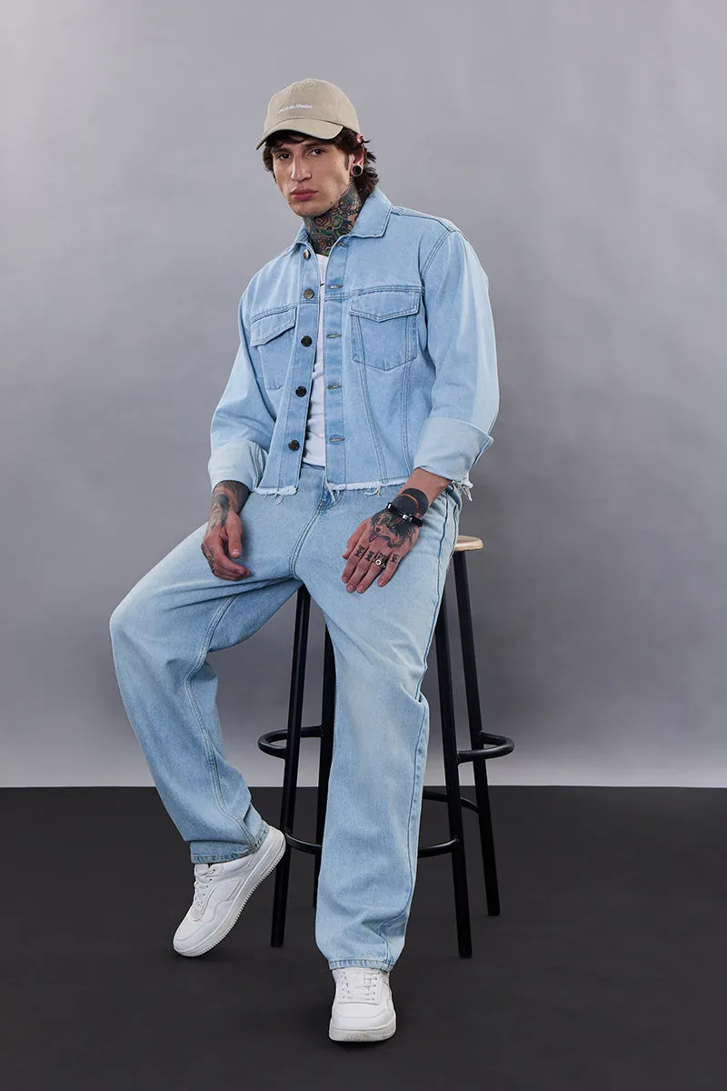 Snitch Revolution Light Blue Cropped Printed Denim Jacket