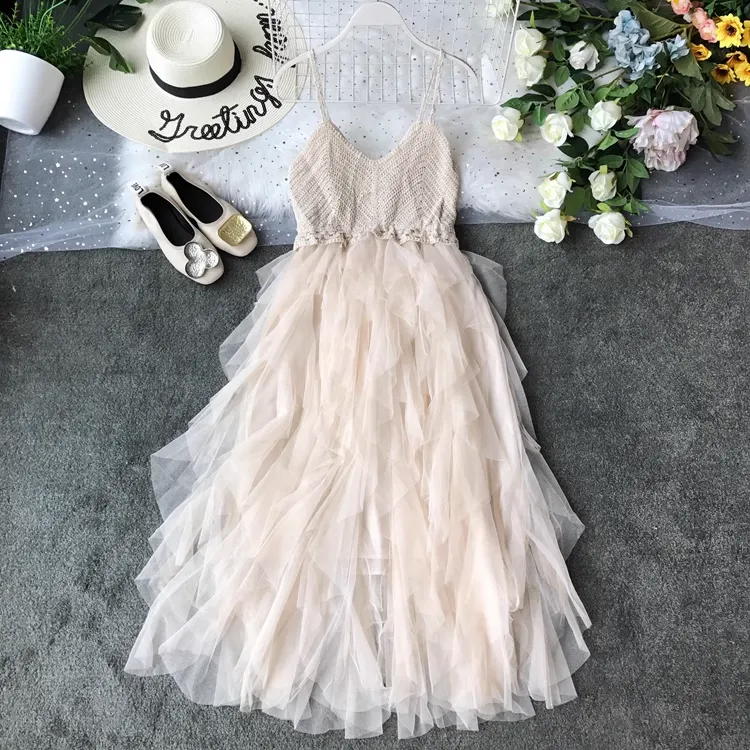 Spaghetti Strap Mesh Dress Knitted Puffy Mid-length Cake Dress 1713