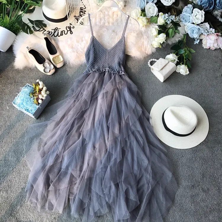 Spaghetti Strap Mesh Dress Knitted Puffy Mid-length Cake Dress 1713
