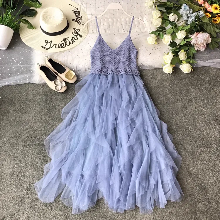 Spaghetti Strap Mesh Dress Knitted Puffy Mid-length Cake Dress 1713
