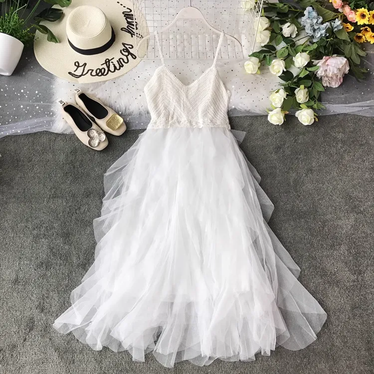Spaghetti Strap Mesh Dress Knitted Puffy Mid-length Cake Dress 1713
