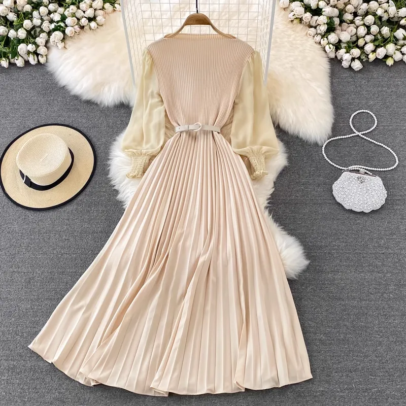 Spring and Autumn Round Neck Long Sleeve Chiffon Pleated Dress 1460