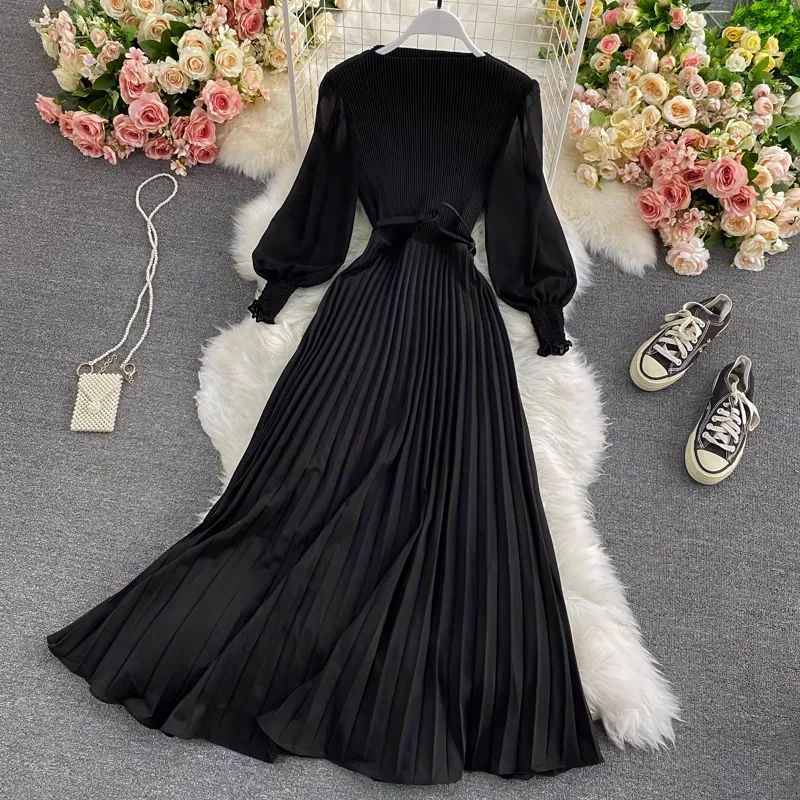Spring and Autumn Round Neck Long Sleeve Chiffon Pleated Dress 1460
