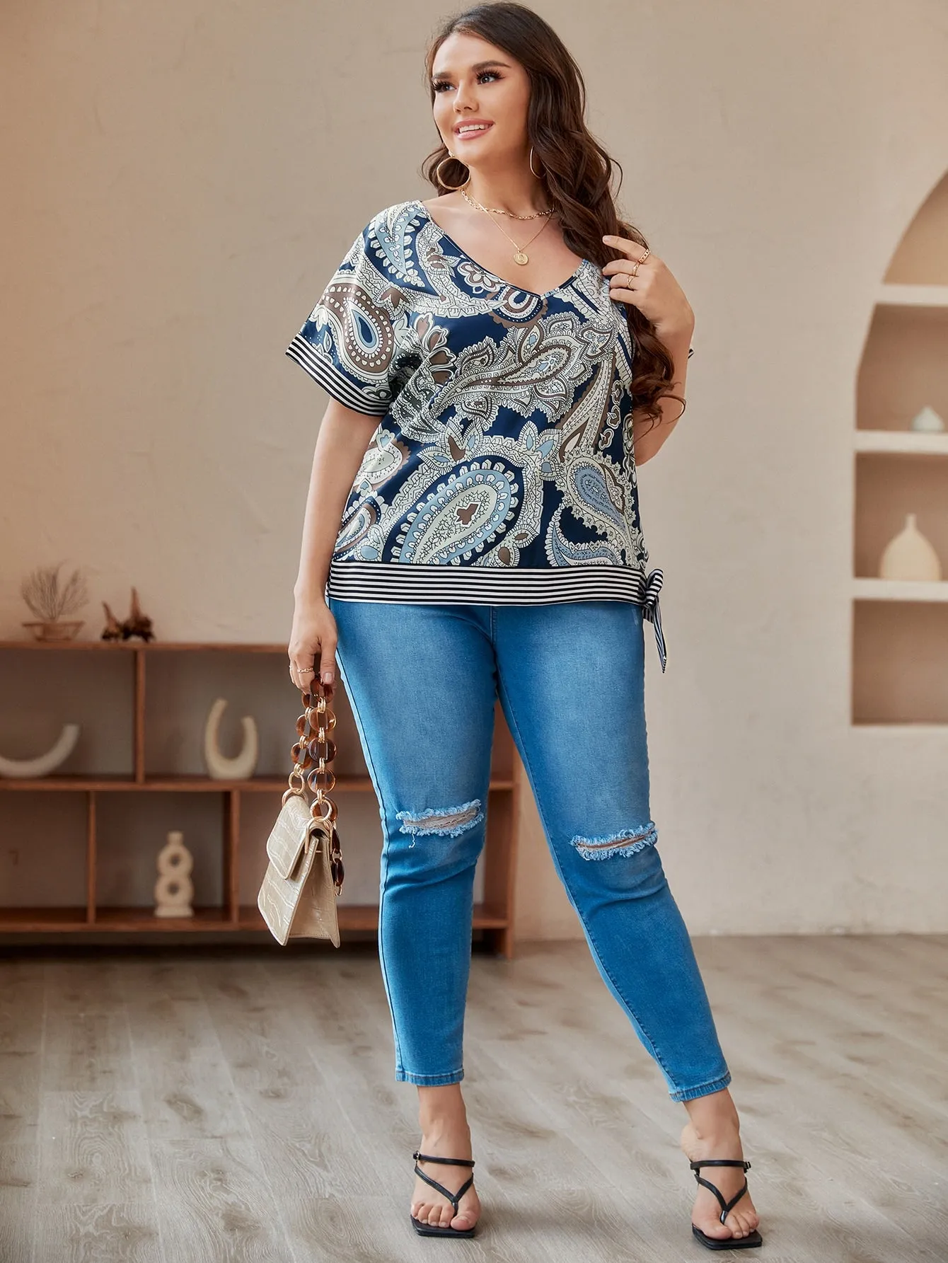 Striped Tie Front Short Sleeve V Neck Regular Plus Size Blouse