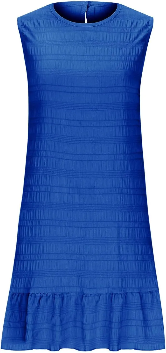 Summer Dress Women Mini Ruffle Hem Sleeveless Round Neck Solid Textured Casual Beach Holiday Party Boho Sundress