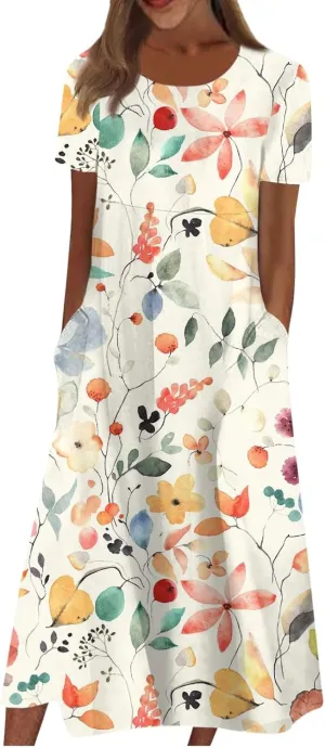 Summer Dresses for Women 2025 Below The Knee Short Sleeve Cover Up Crewneck Print Swing Beach Dress 2025 Boho Tshirt Dress