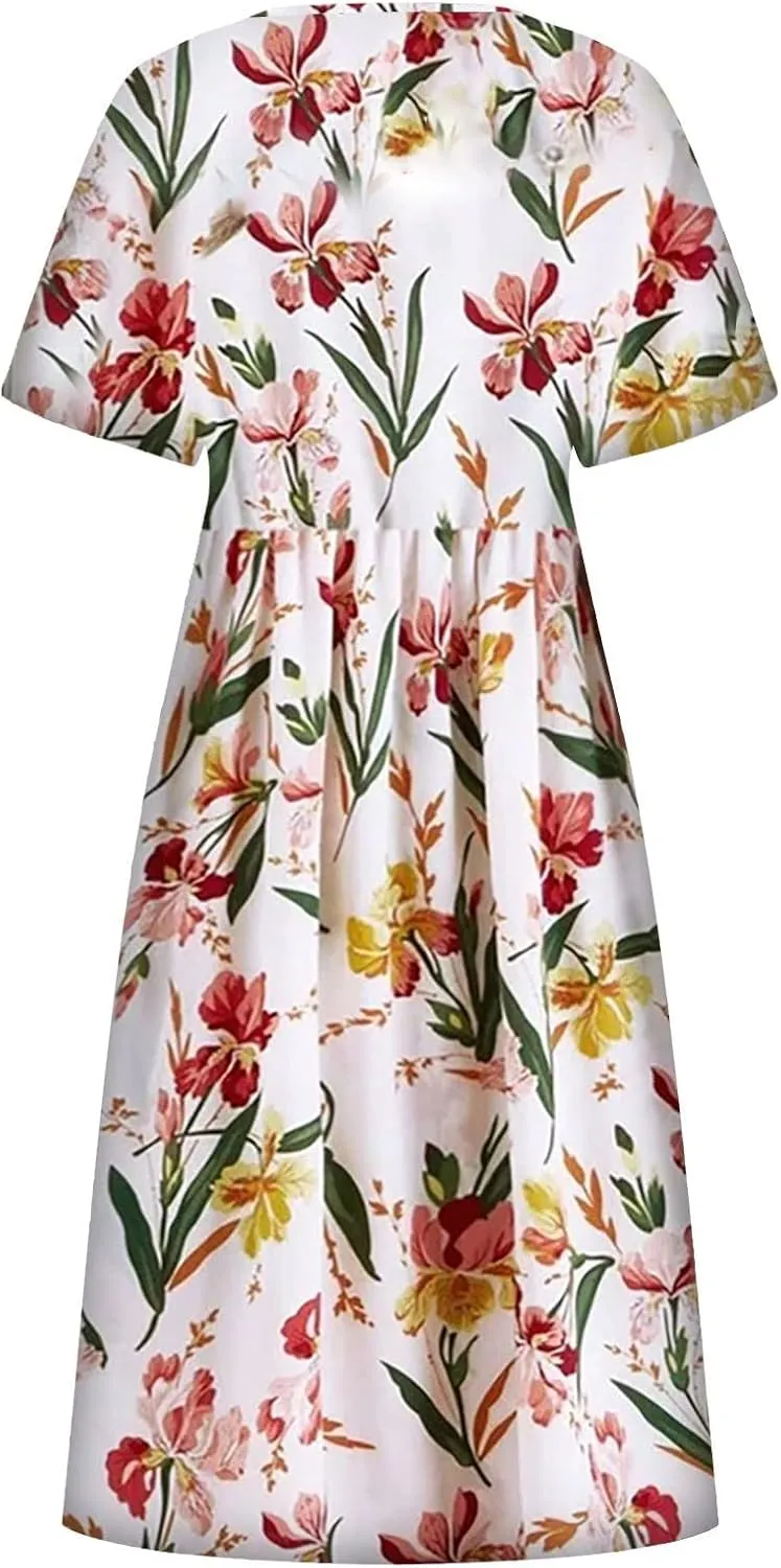 Summer Dresses for Women 2025 Below The Knee Short Sleeve Cover Up Crewneck Print Swing Beach Dress 2025 Boho Tshirt Dress