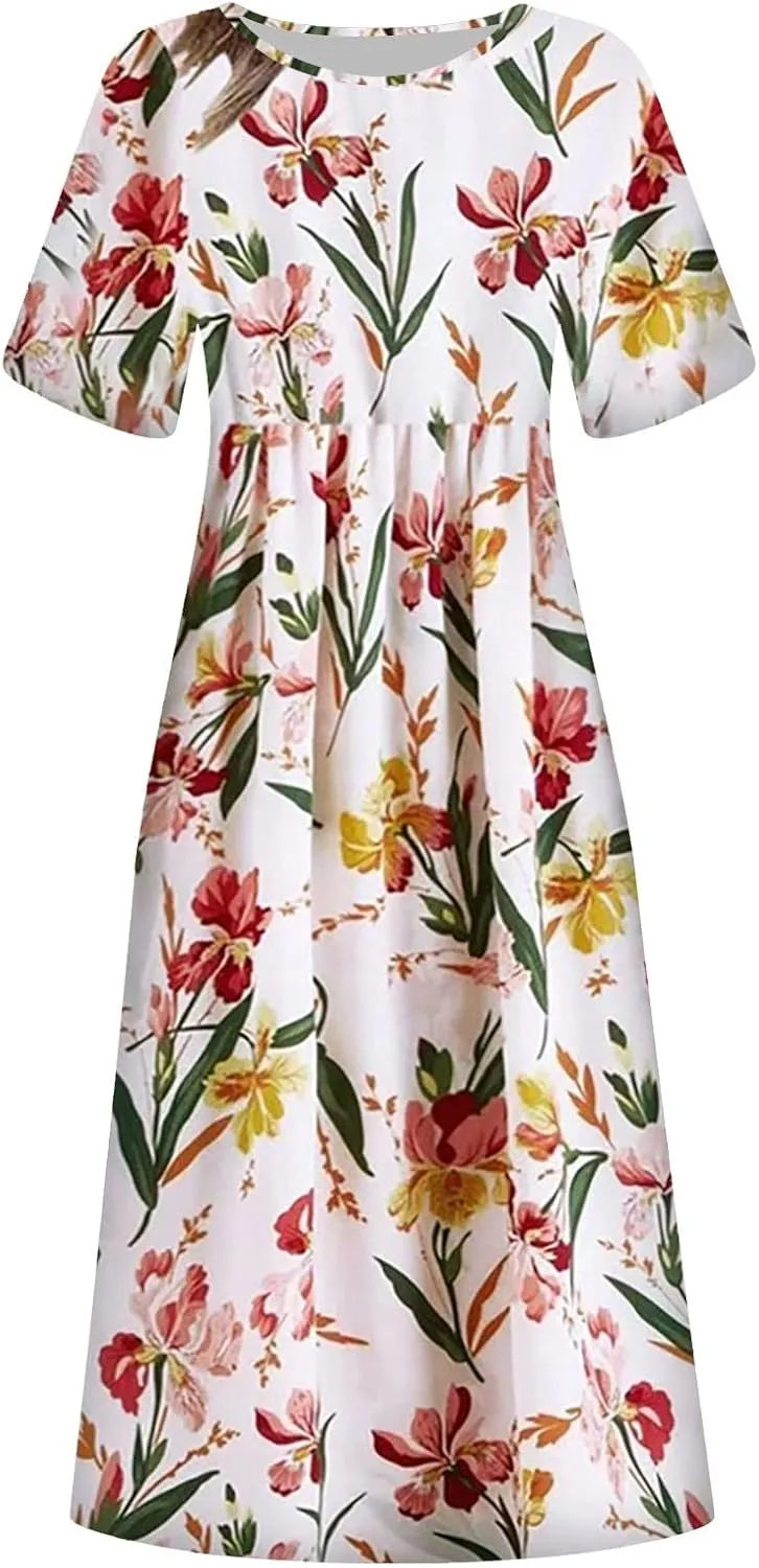 Summer Dresses for Women 2025 Below The Knee Short Sleeve Cover Up Crewneck Print Swing Beach Dress 2025 Boho Tshirt Dress