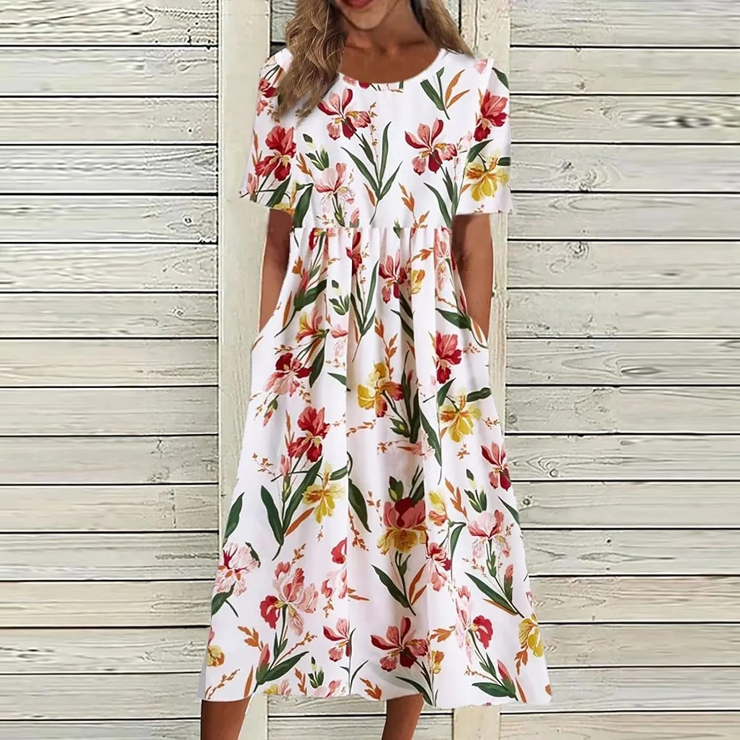 Summer Dresses for Women 2025 Below The Knee Short Sleeve Cover Up Crewneck Print Swing Beach Dress 2025 Boho Tshirt Dress