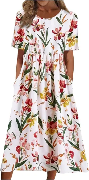 Summer Dresses for Women 2025 Below The Knee Short Sleeve Cover Up Crewneck Print Swing Beach Dress 2025 Boho Tshirt Dress