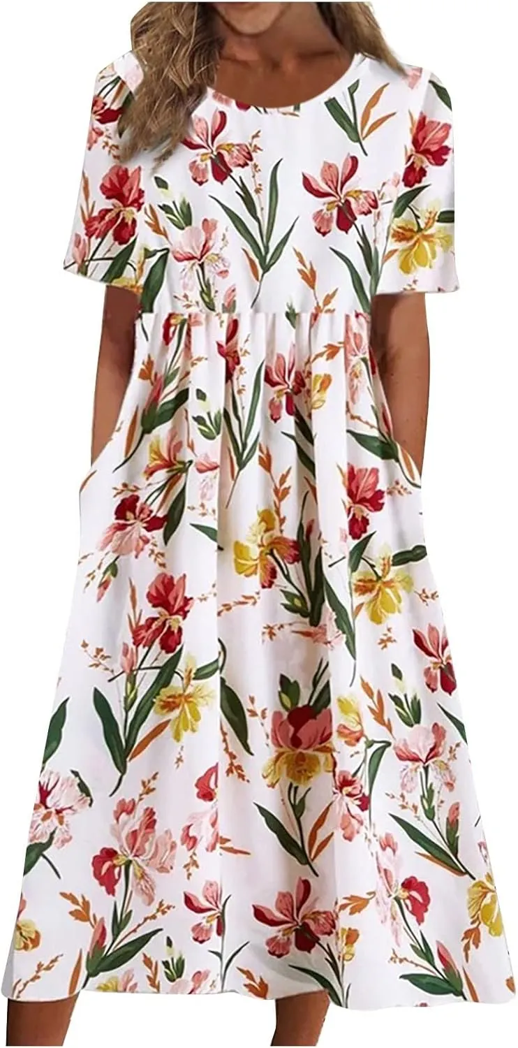 Summer Dresses for Women 2025 Below The Knee Short Sleeve Cover Up Crewneck Print Swing Beach Dress 2025 Boho Tshirt Dress