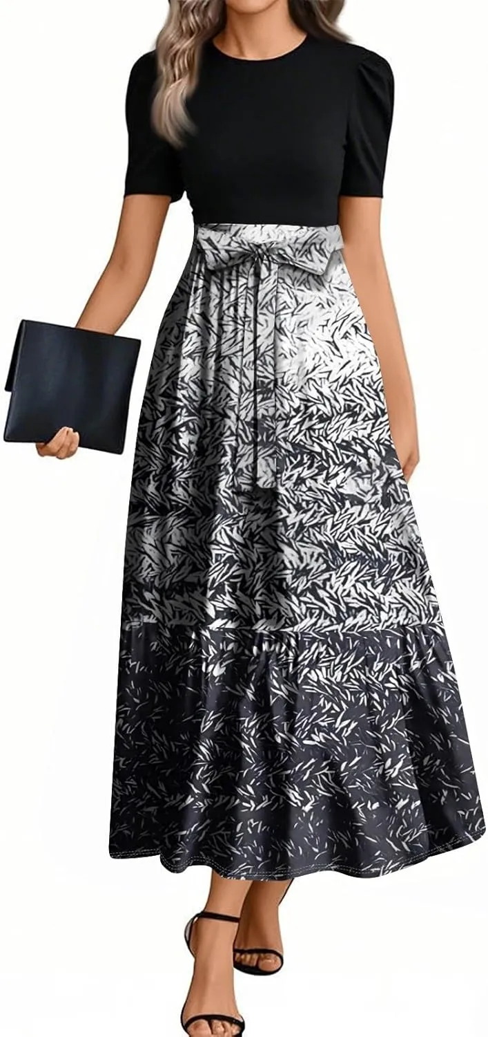 Summer Dresses for Women 2025 Flowy Floral Long Sundress Ruffle Hem a Line Dress Short Sleeve Patchwork Maxi Dress