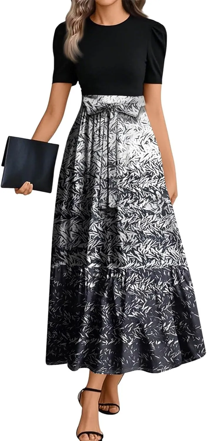 Summer Dresses for Women 2025 Flowy Floral Long Sundress Ruffle Hem a Line Dress Short Sleeve Patchwork Maxi Dress
