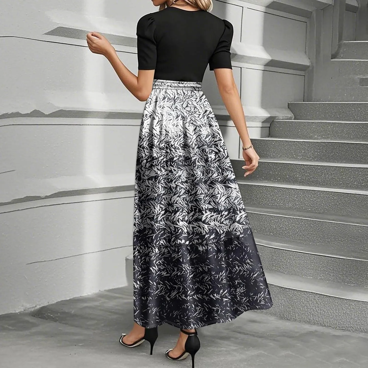 Summer Dresses for Women 2025 Flowy Floral Long Sundress Ruffle Hem a Line Dress Short Sleeve Patchwork Maxi Dress