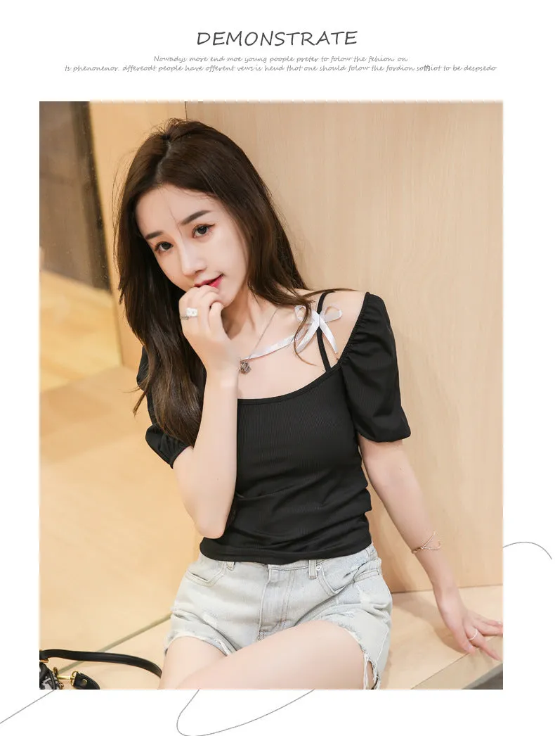 Summer Short Sleeve T-Shirt Women INS Tops Sexy Tube Bow Puff Sleeves Slim Look Niche Trendy T-Shirt