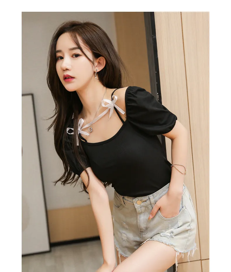 Summer Short Sleeve T-Shirt Women INS Tops Sexy Tube Bow Puff Sleeves Slim Look Niche Trendy T-Shirt