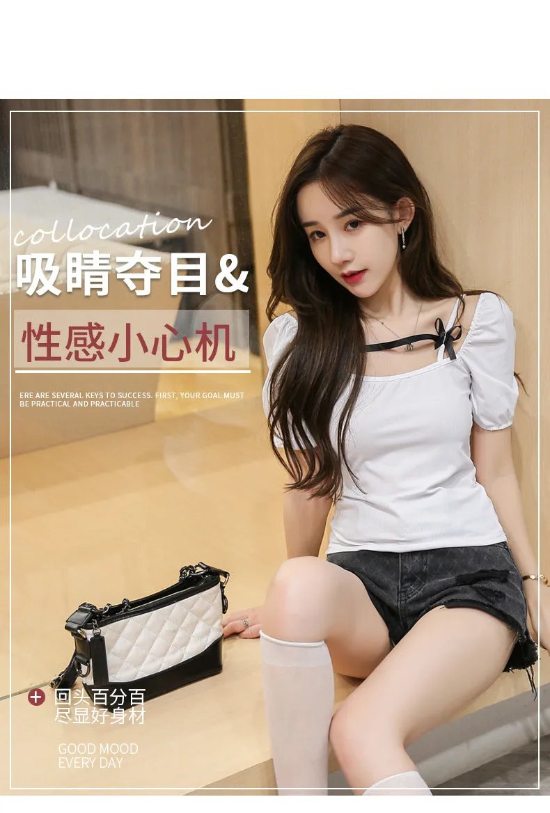 Summer Short Sleeve T-Shirt Women INS Tops Sexy Tube Bow Puff Sleeves Slim Look Niche Trendy T-Shirt