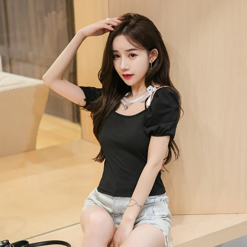 Summer Short Sleeve T-Shirt Women INS Tops Sexy Tube Bow Puff Sleeves Slim Look Niche Trendy T-Shirt
