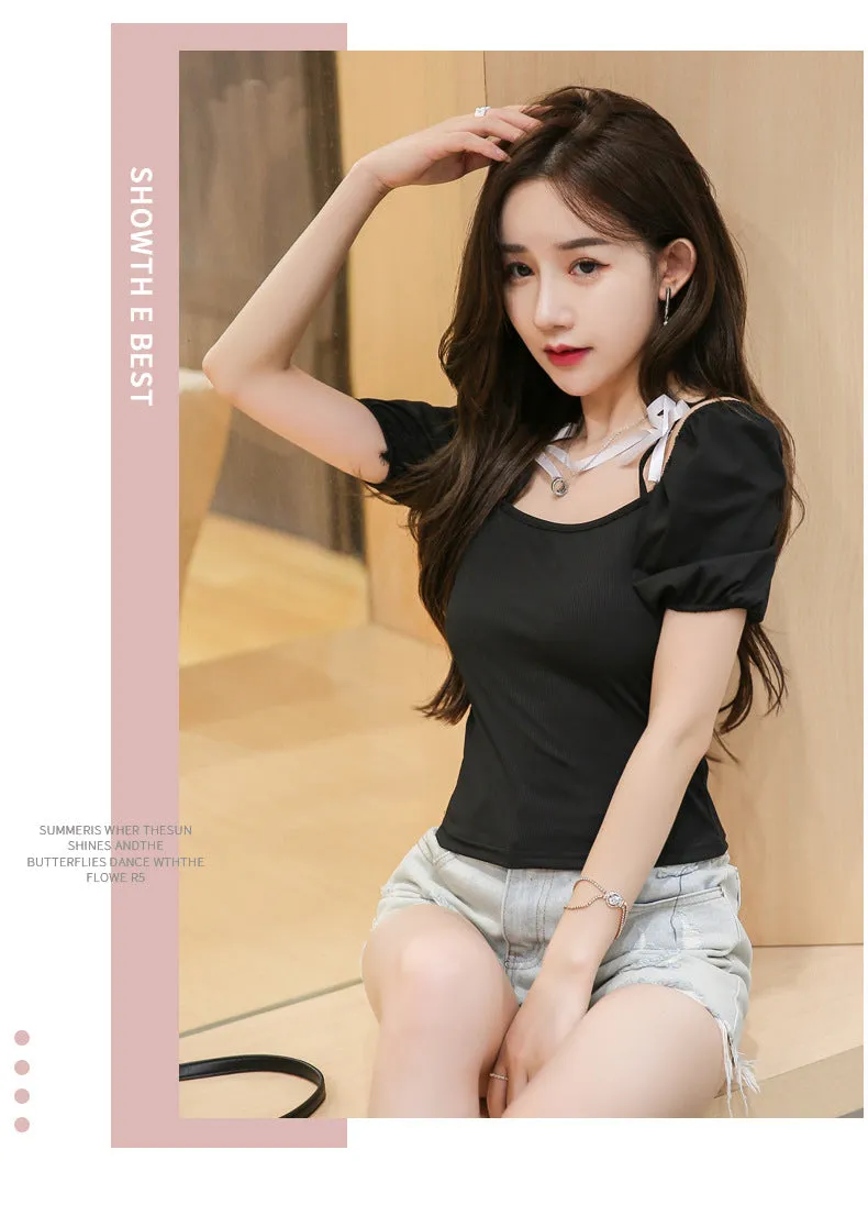 Summer Short Sleeve T-Shirt Women INS Tops Sexy Tube Bow Puff Sleeves Slim Look Niche Trendy T-Shirt