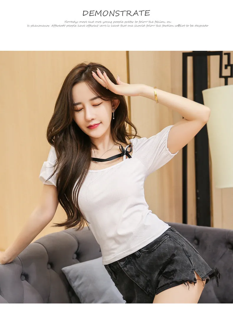 Summer Short Sleeve T-Shirt Women INS Tops Sexy Tube Bow Puff Sleeves Slim Look Niche Trendy T-Shirt