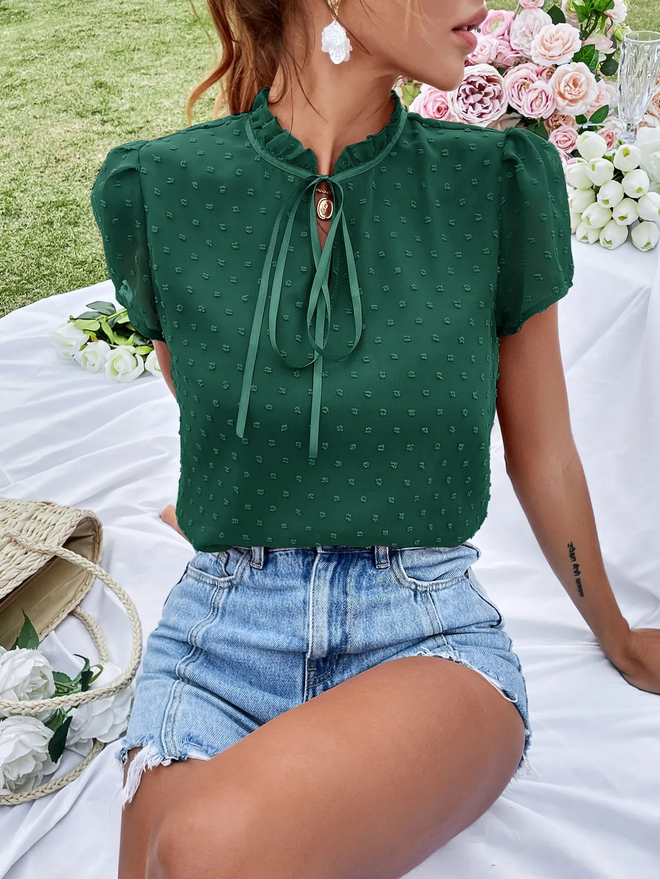 Swiss Dot Tie Neck Puff Sleeve Frill Trim Blouse