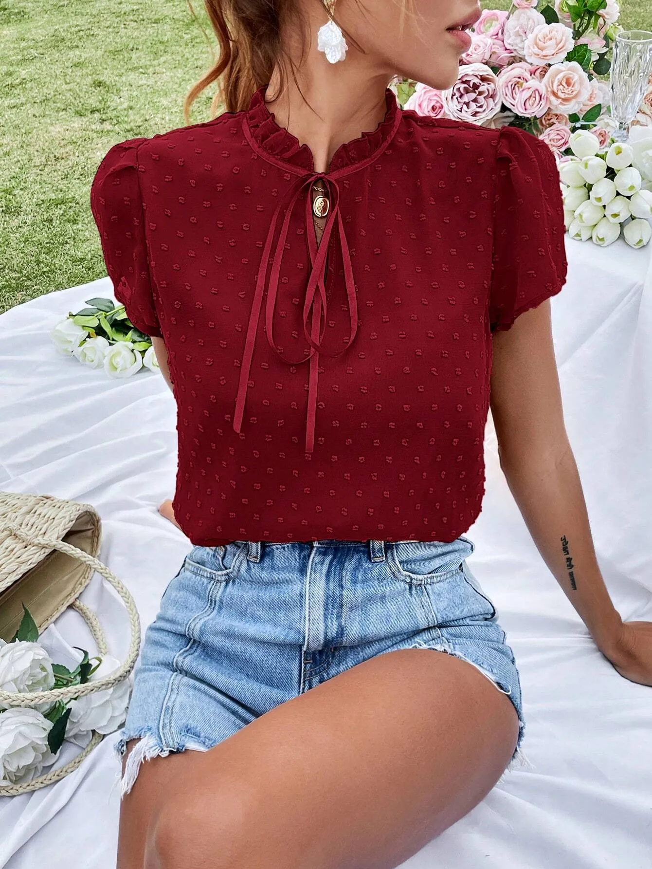Swiss Dot Tie Neck Puff Sleeve Frill Trim Blouse