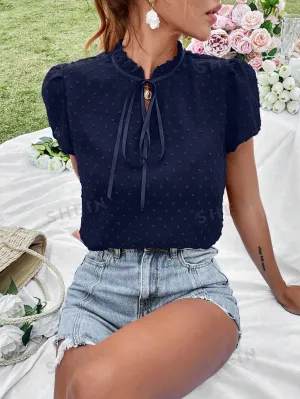 Swiss Dot Tie Neck Puff Sleeve Frill Trim Blouse