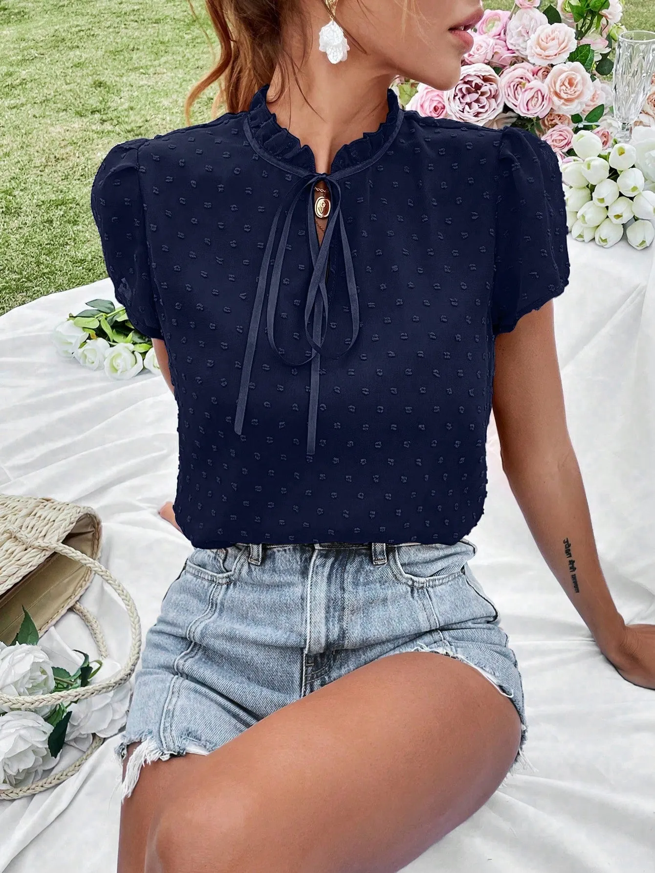 Swiss Dot Tie Neck Puff Sleeve Frill Trim Blouse