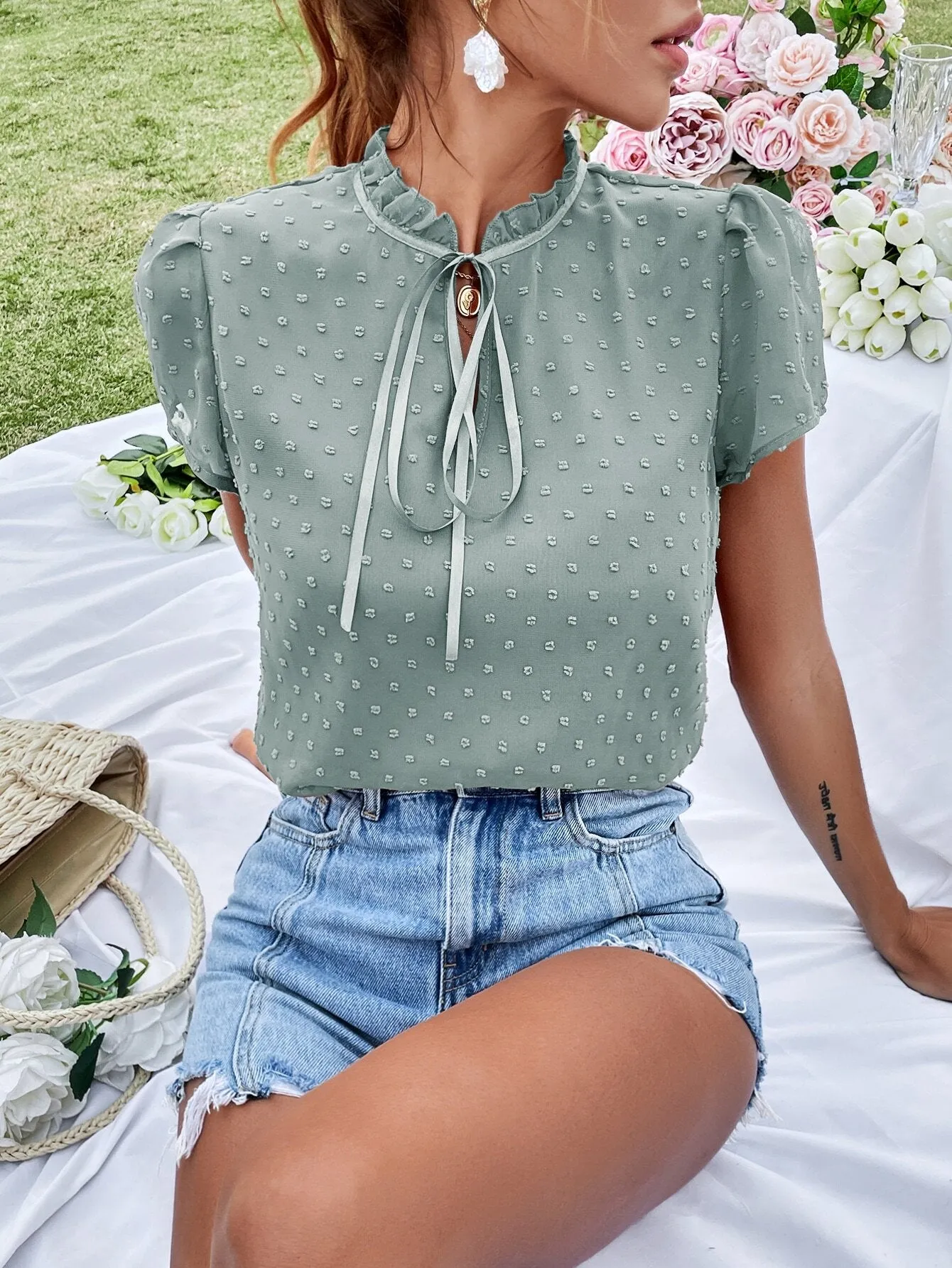 Swiss Dot Tie Neck Puff Sleeve Frill Trim Blouse