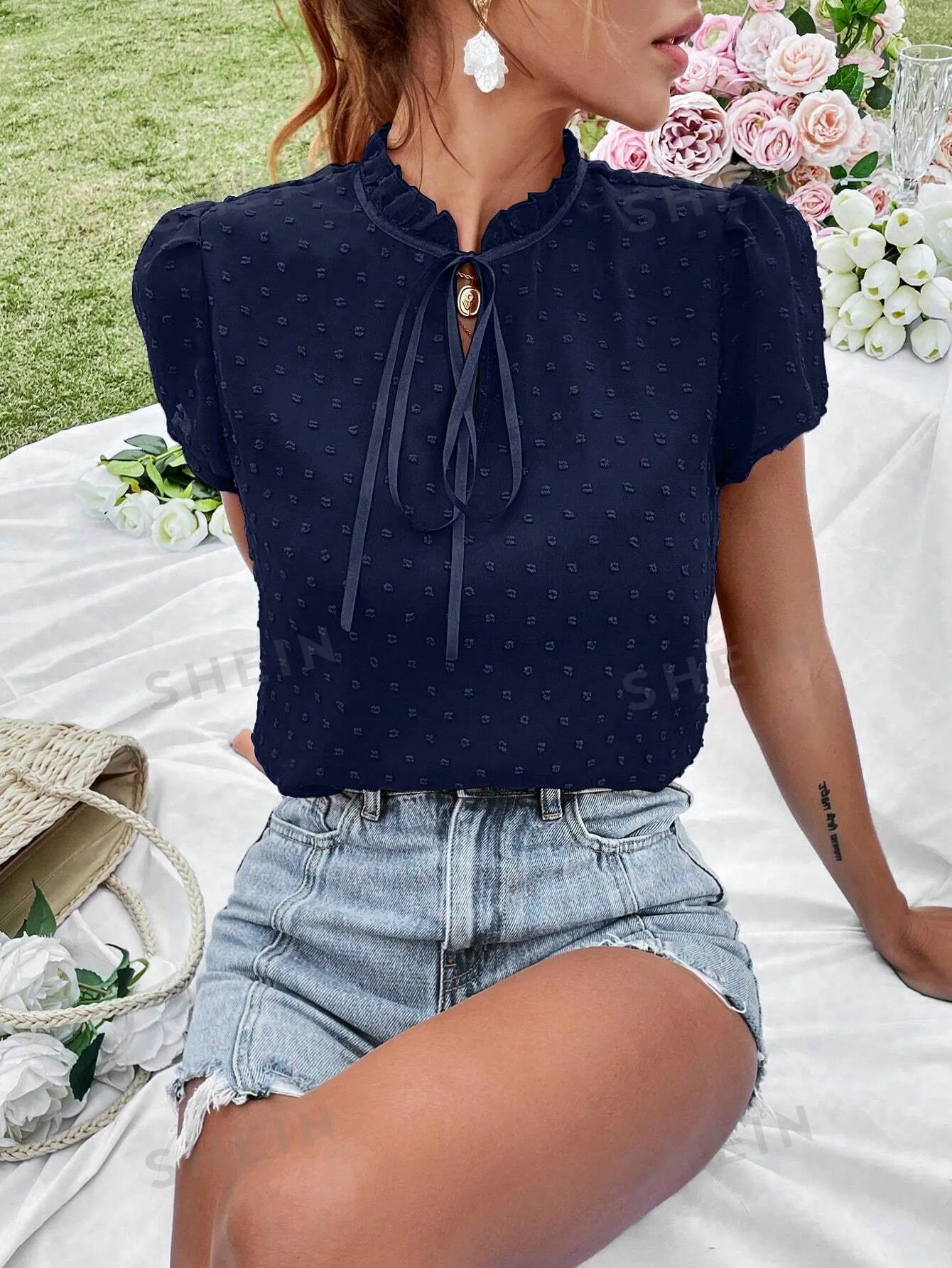 Swiss Dot Tie Neck Puff Sleeve Frill Trim Blouse