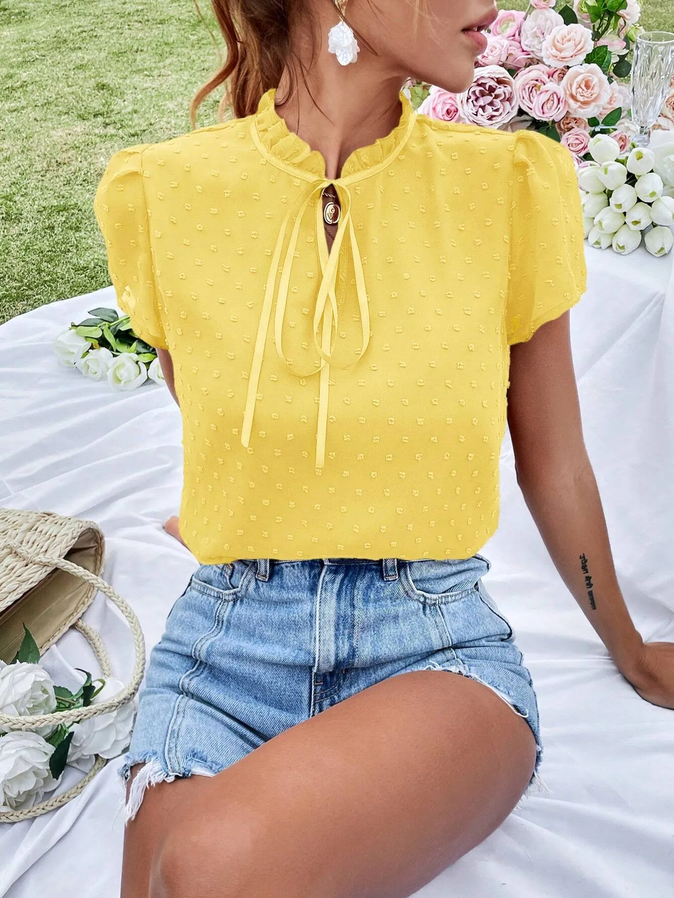 Swiss Dot Tie Neck Puff Sleeve Frill Trim Blouse