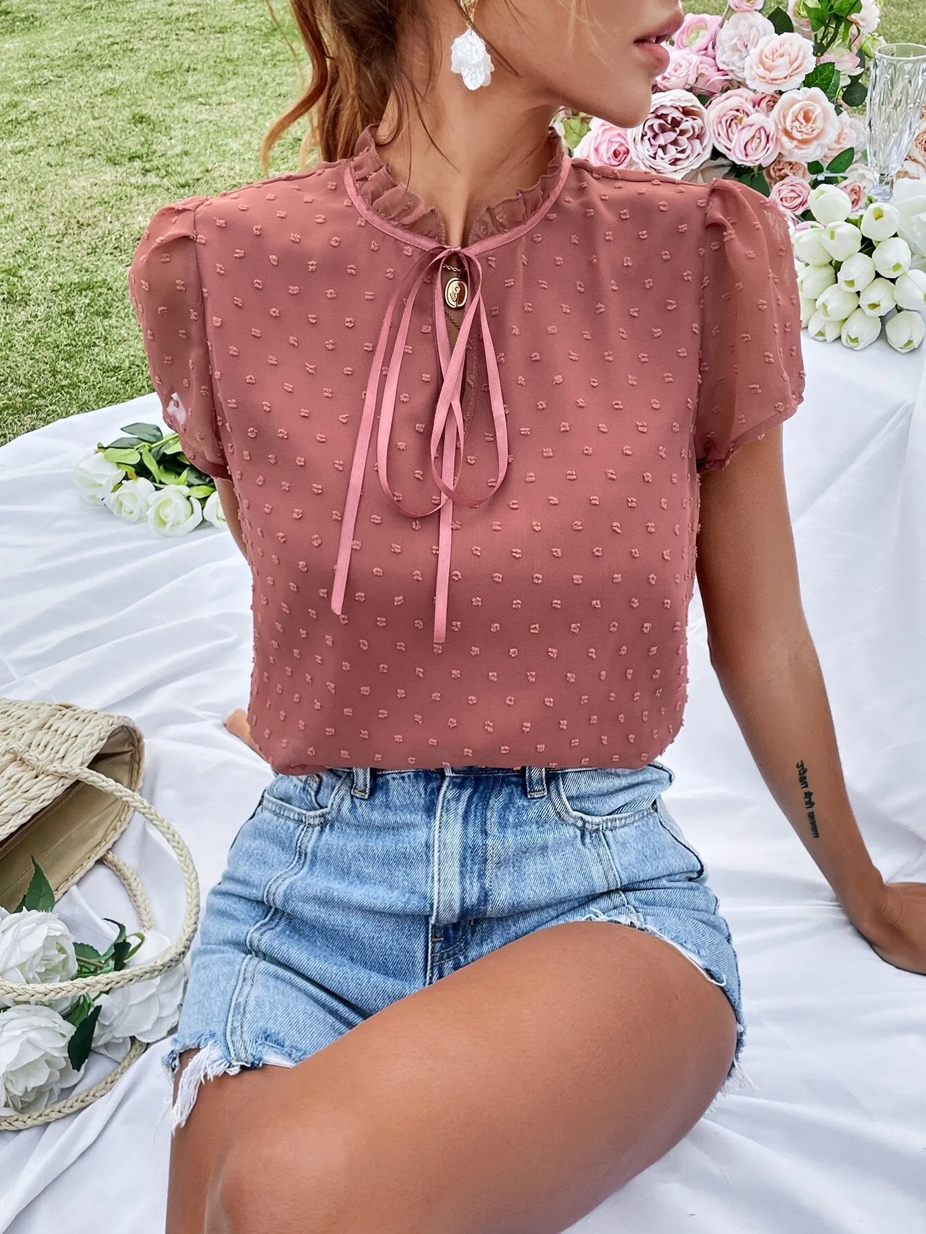 Swiss Dot Tie Neck Puff Sleeve Frill Trim Blouse