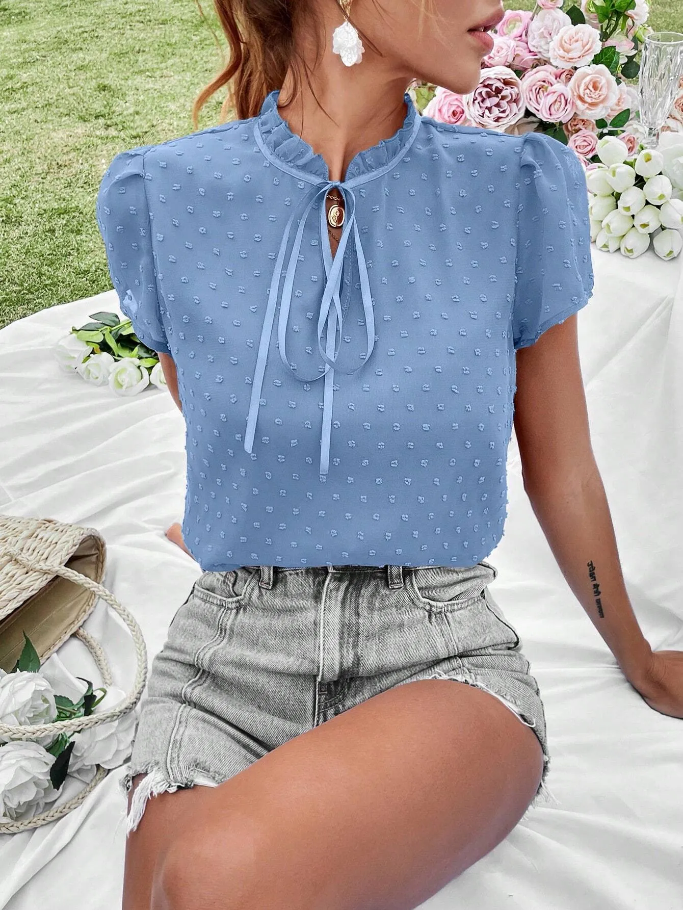 Swiss Dot Tie Neck Puff Sleeve Frill Trim Blouse