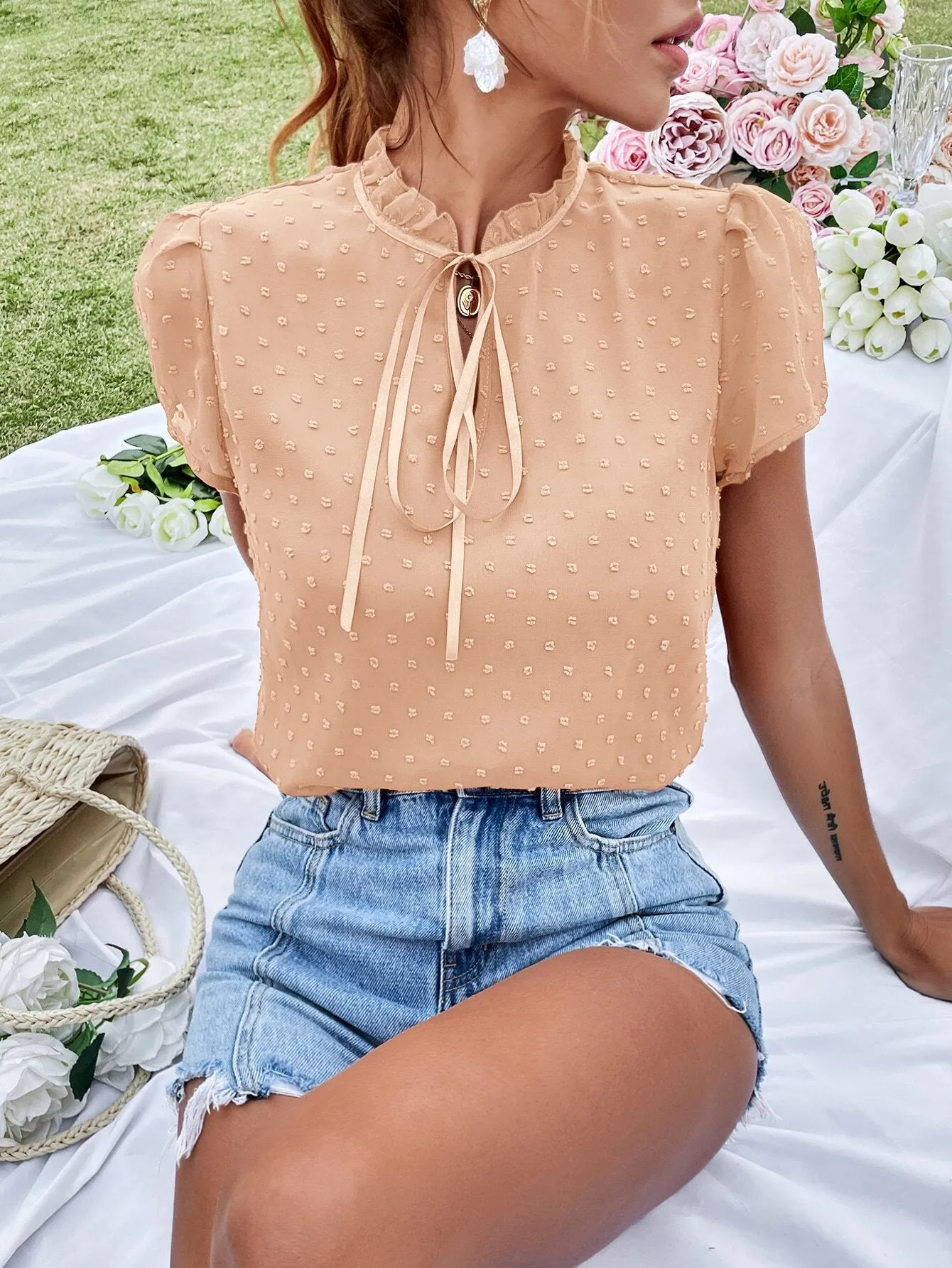 Swiss Dot Tie Neck Puff Sleeve Frill Trim Blouse